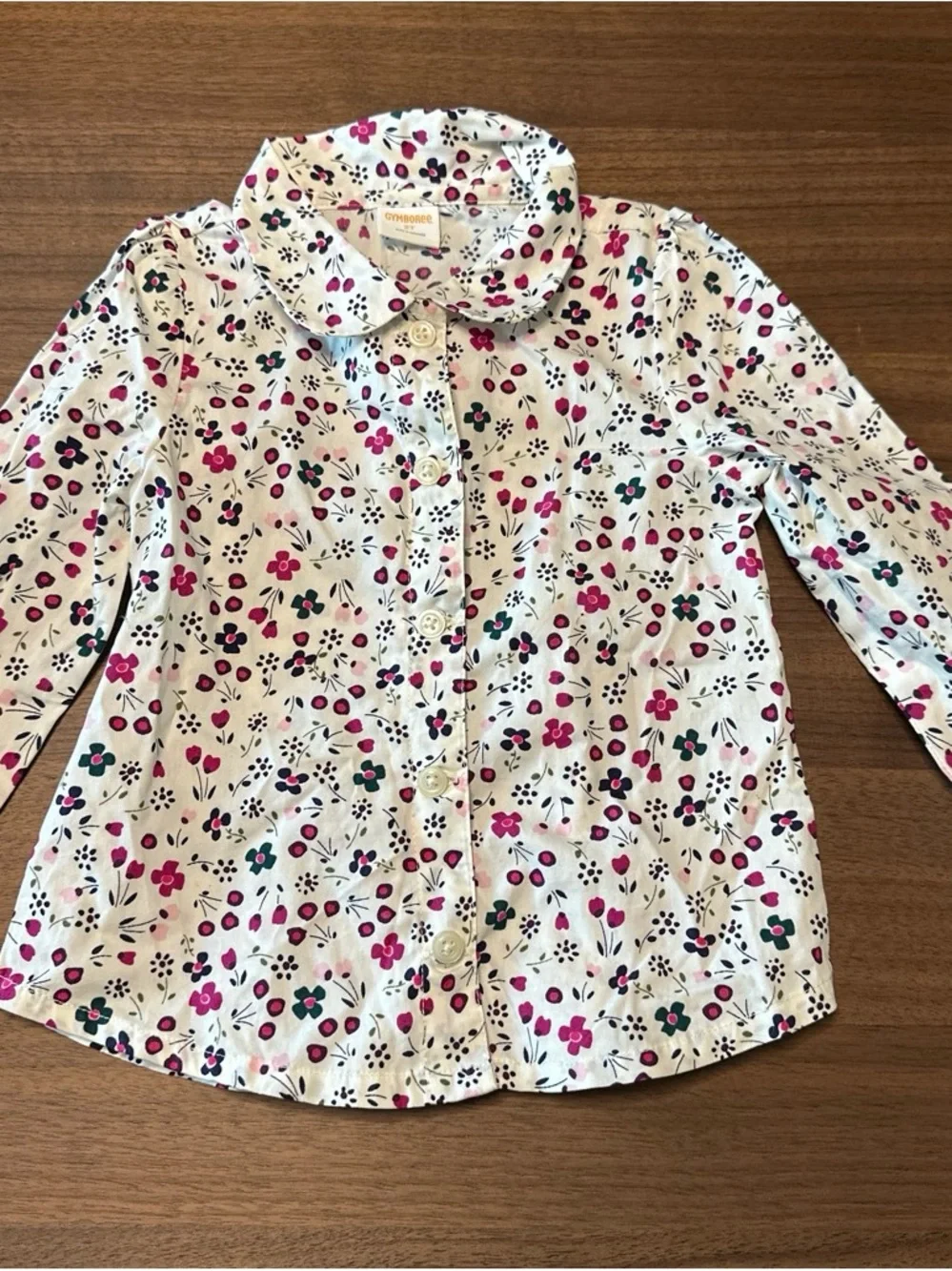 Gymboree White Button-Down Shirt with Pink & Green Floral Print